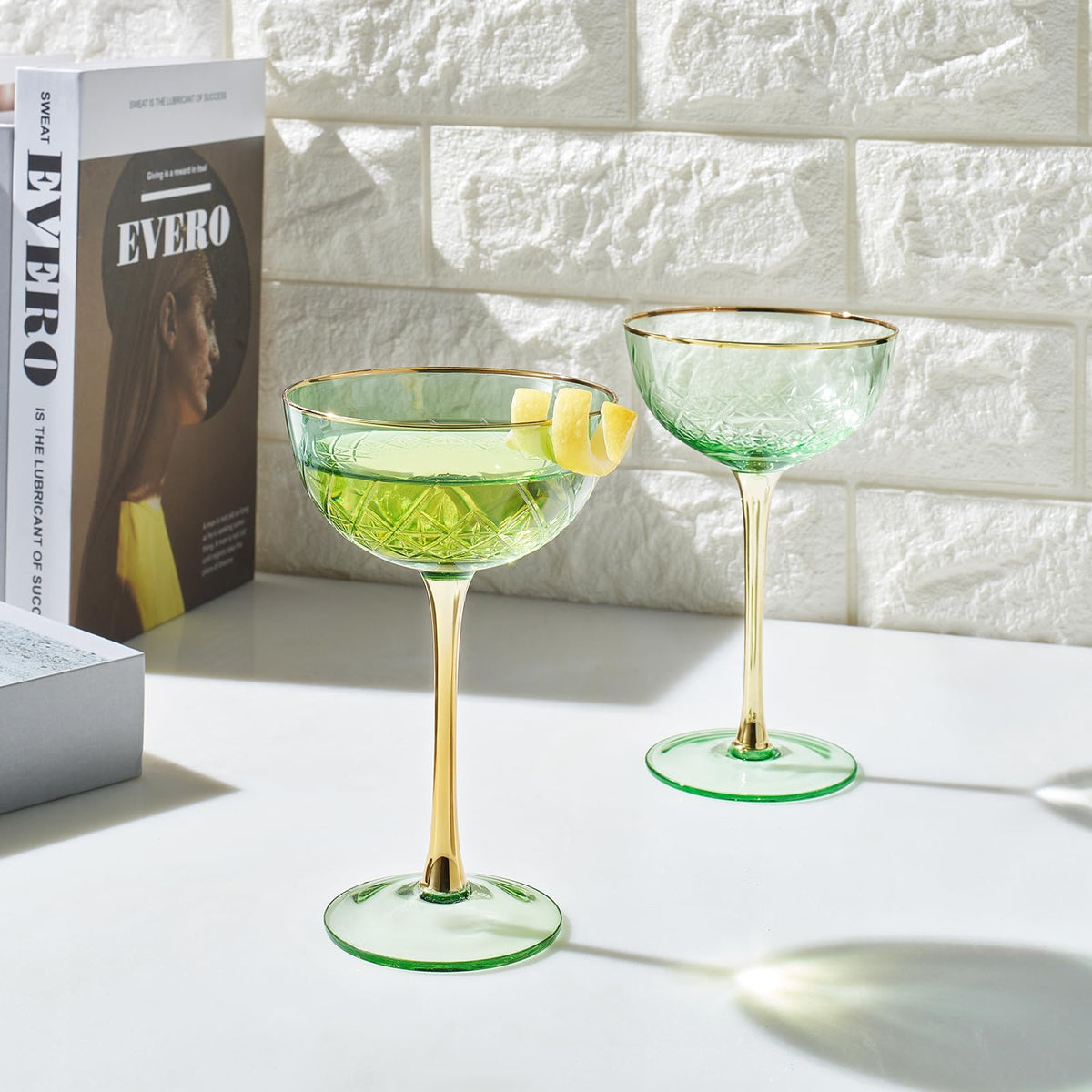 Vintage Art Deco Coupe Glasses, 7 oz, Set of 2, Green