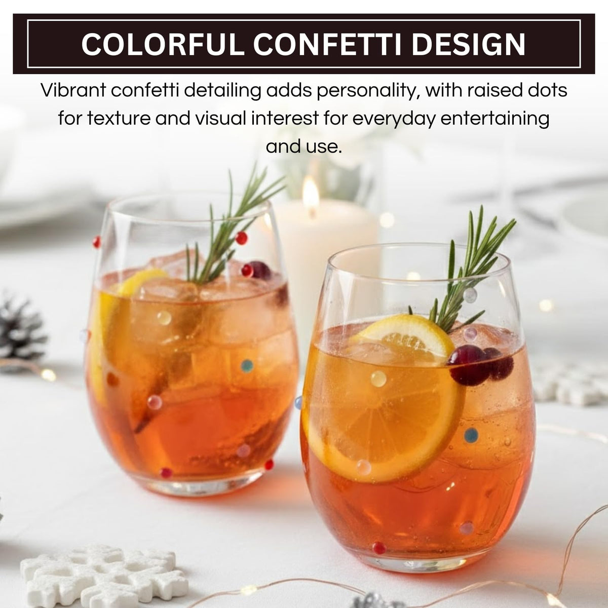 Confetti Stemless Wine Glasses, 18.6 oz, Set of 2
