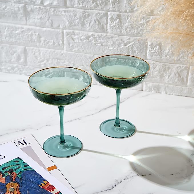 Green Gilded-Rim Wine Glasses, 9 oz, Set of 2