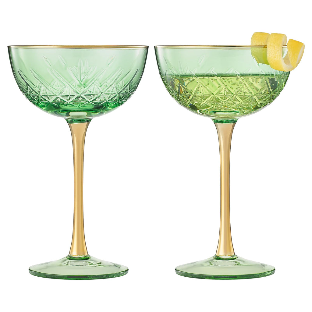 Vintage Art Deco Coupe Glasses, 7 oz, Set of 2, Green
