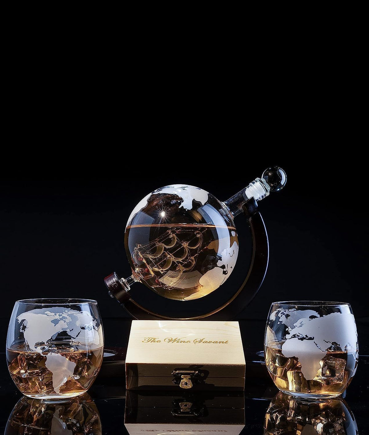 Globe Whiskey Decanter with 2 Etched Glasses