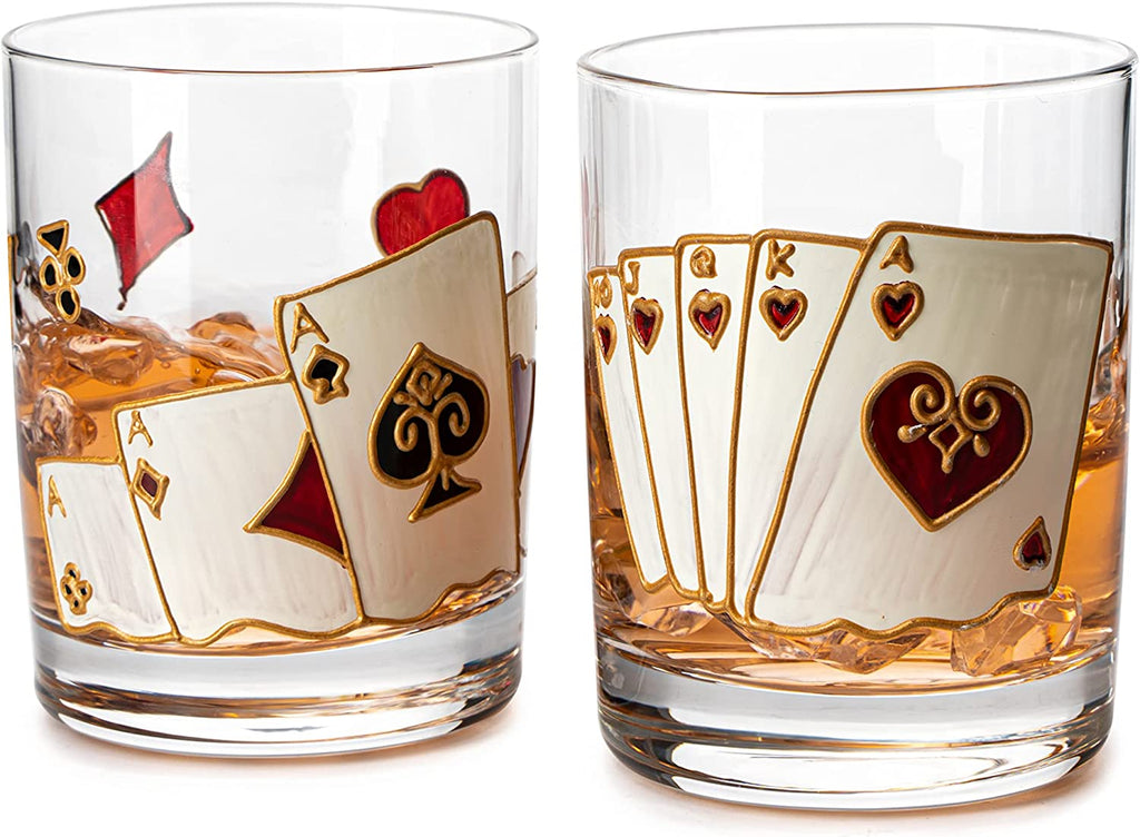 Hand-Painted Casino Whiskey Glasses, Set of 2