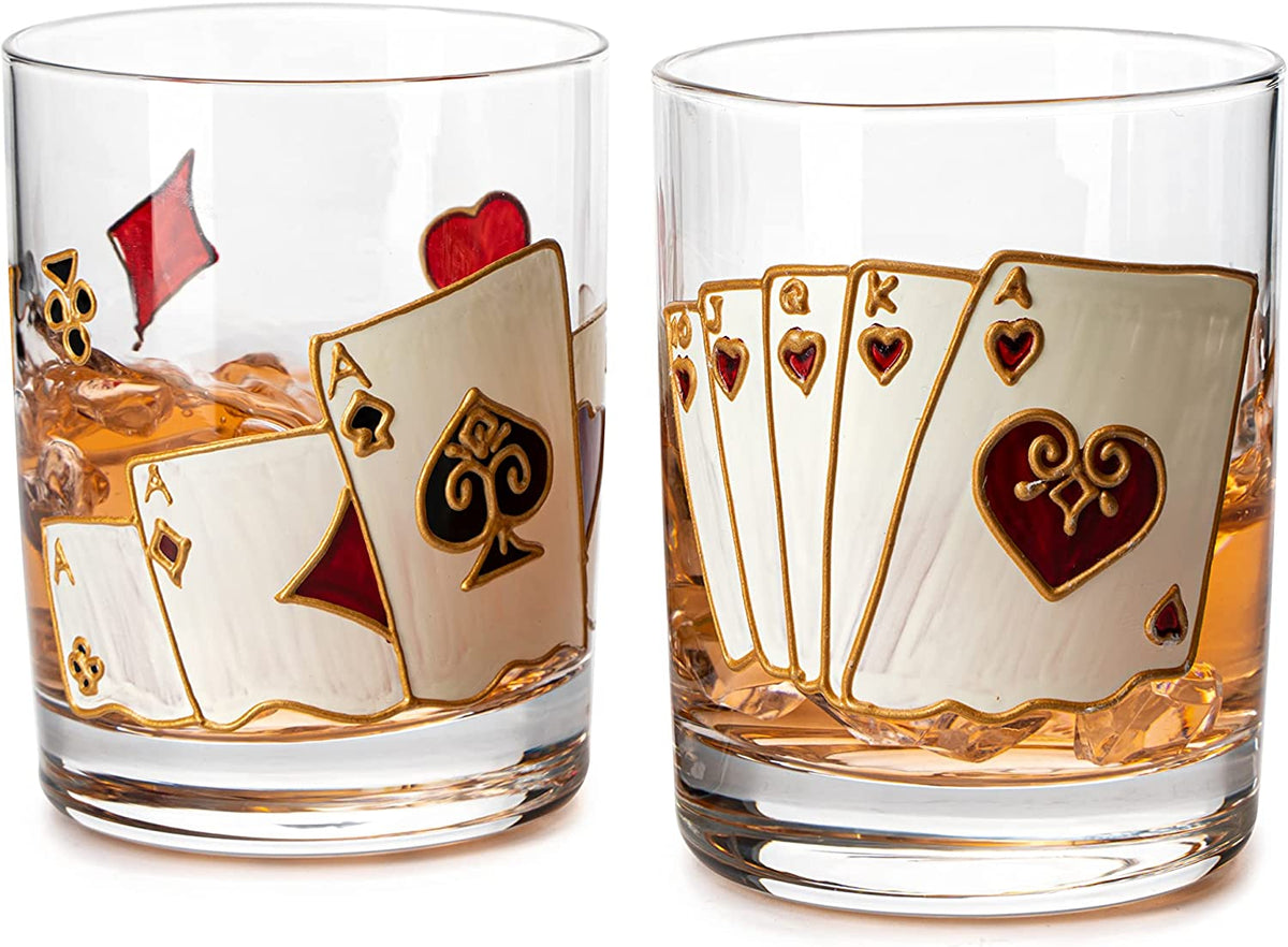 Hand-Painted Casino Whiskey Glasses, Set of 2