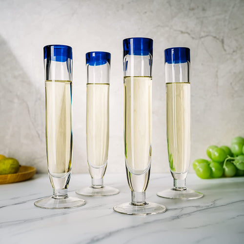 Cobalt-Rim Champagne Flutes, Set of 4