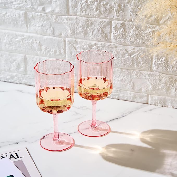 Flower Vintage Wine Glasses, 13 oz, Set of 2, Pink