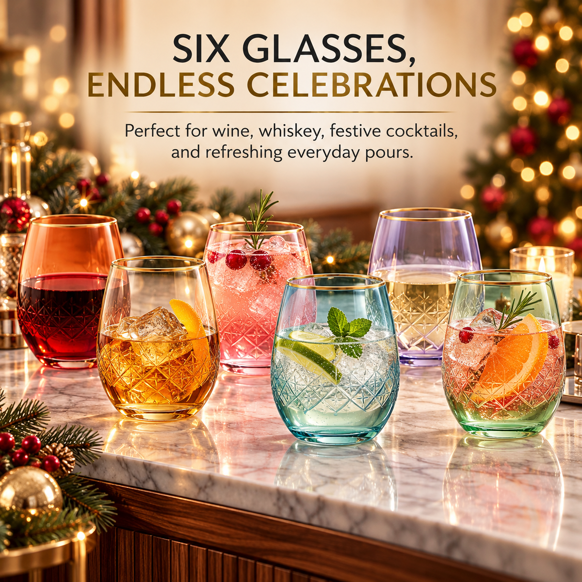Art Deco Stemless Wine Glasses, Set of 6