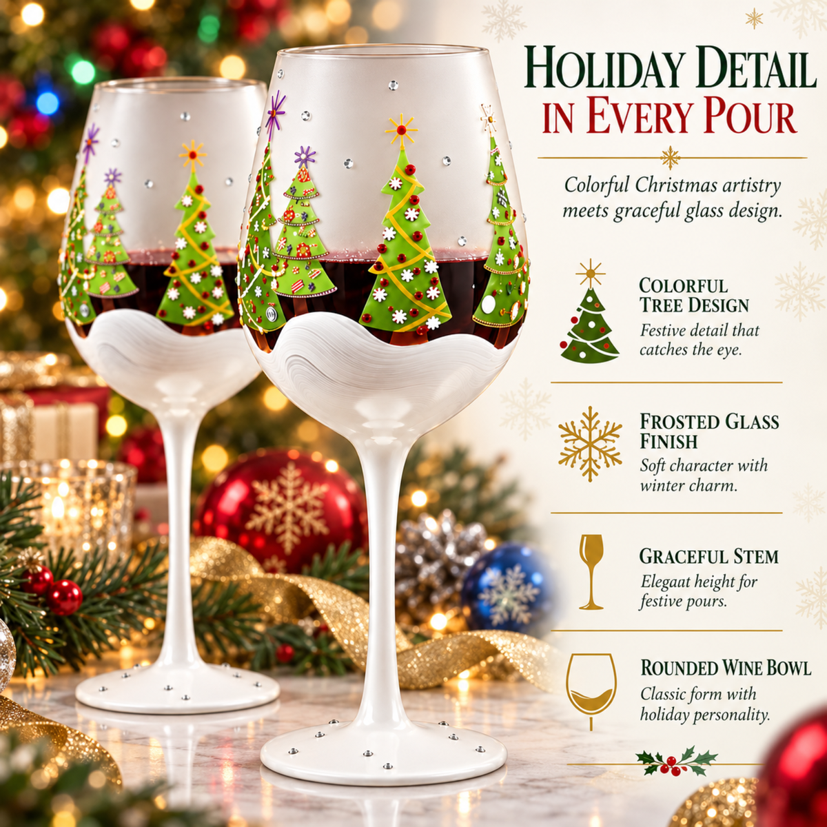 Christmas Tree Stemmed Wine Glasses, 14 oz, Set of 2