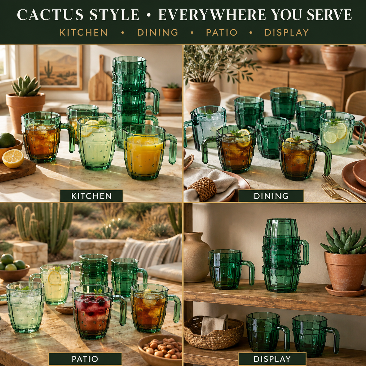 Cactus Stackable Glasses with Handles, 10 oz, Set of 6