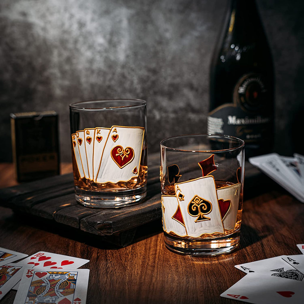 Hand-Painted Casino Whiskey Glasses, Set of 2
