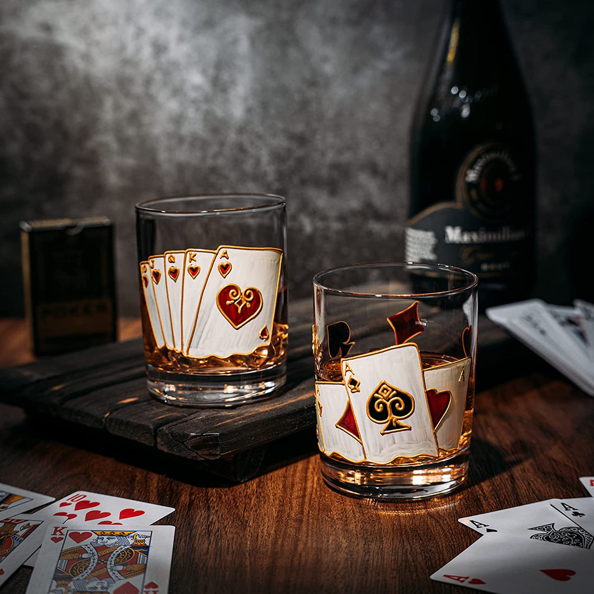 Hand-Painted Casino Whiskey Glasses, Set of 2