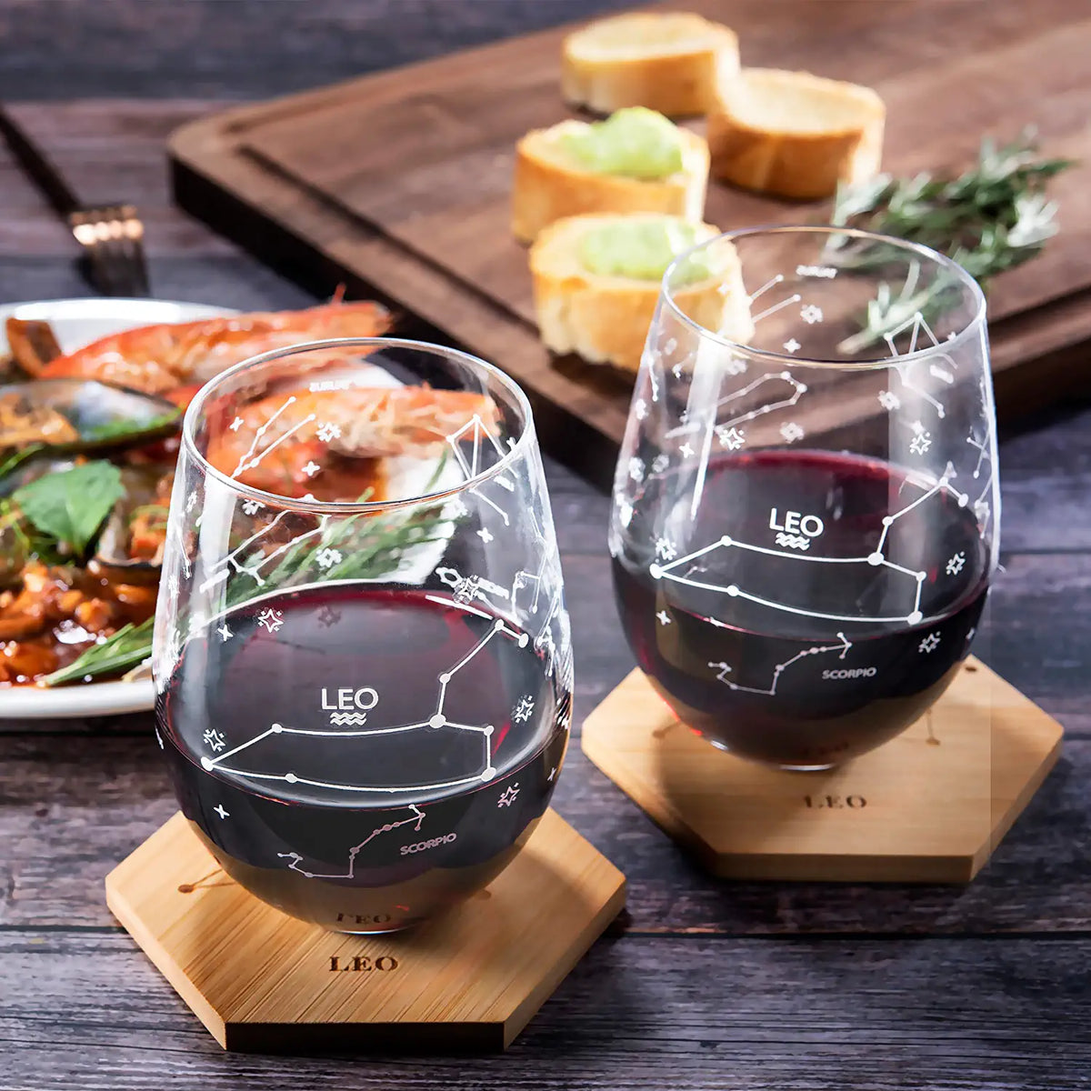 Zodiac Wine Glasses with Coasters, Set of 2