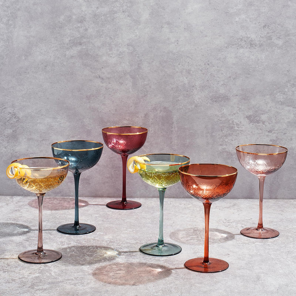 Vintage Art Deco Coupe Glasses, 7 oz, Set of 6