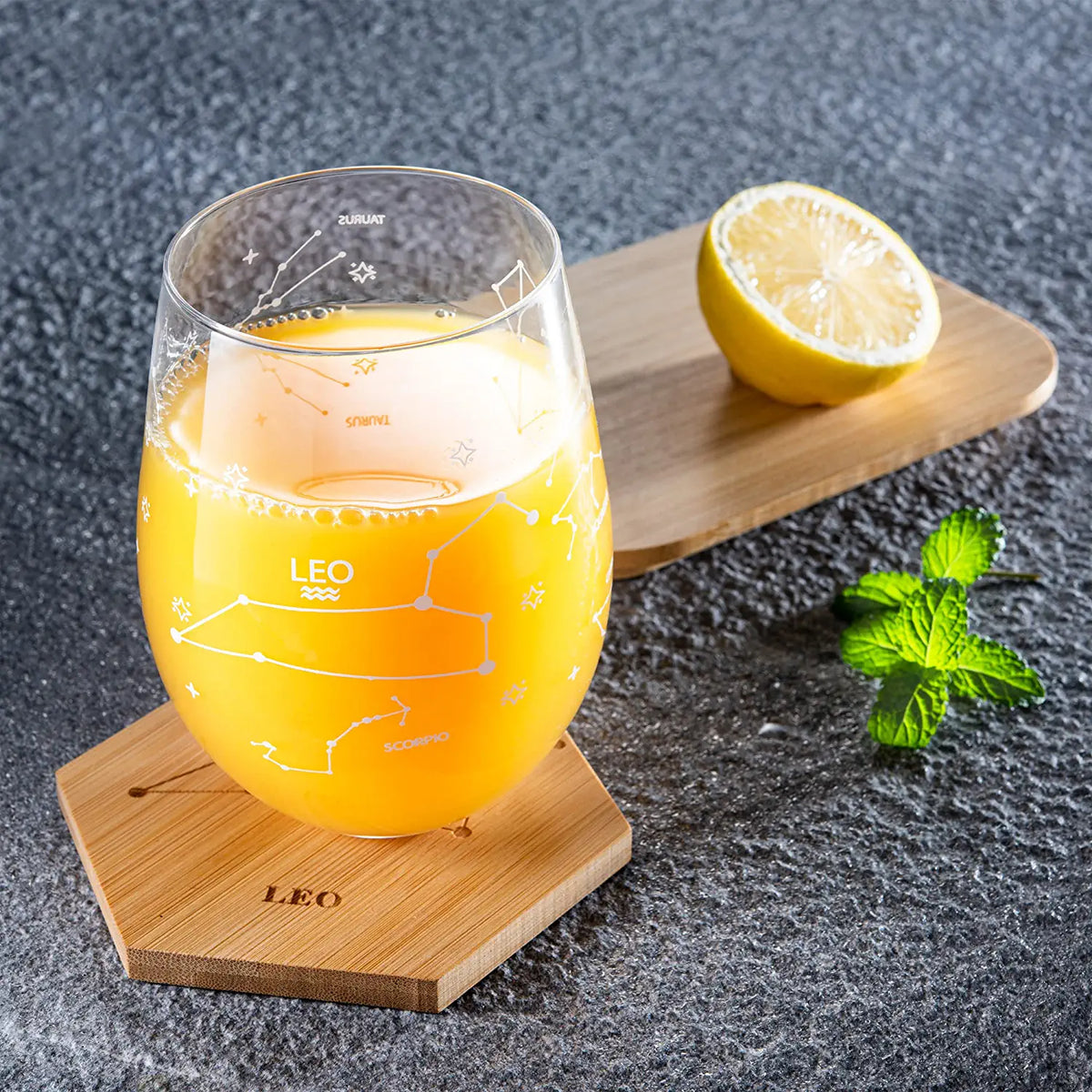 Zodiac Wine Glasses with Coasters, Set of 2