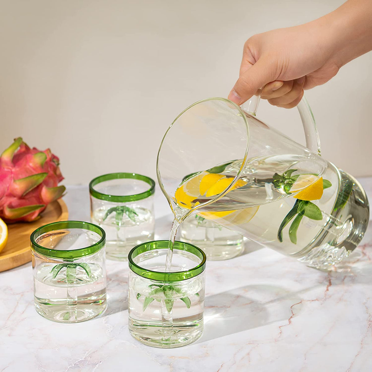 Palm Tree Pitcher with 4 Green-Rim Glasses