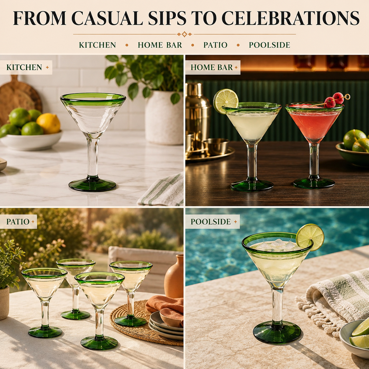 Hand-Blown Green Margarita Glasses, Set of 4