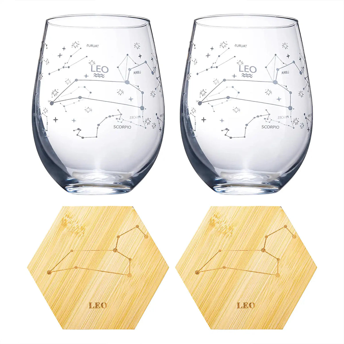 Zodiac Wine Glasses with Coasters, Set of 2