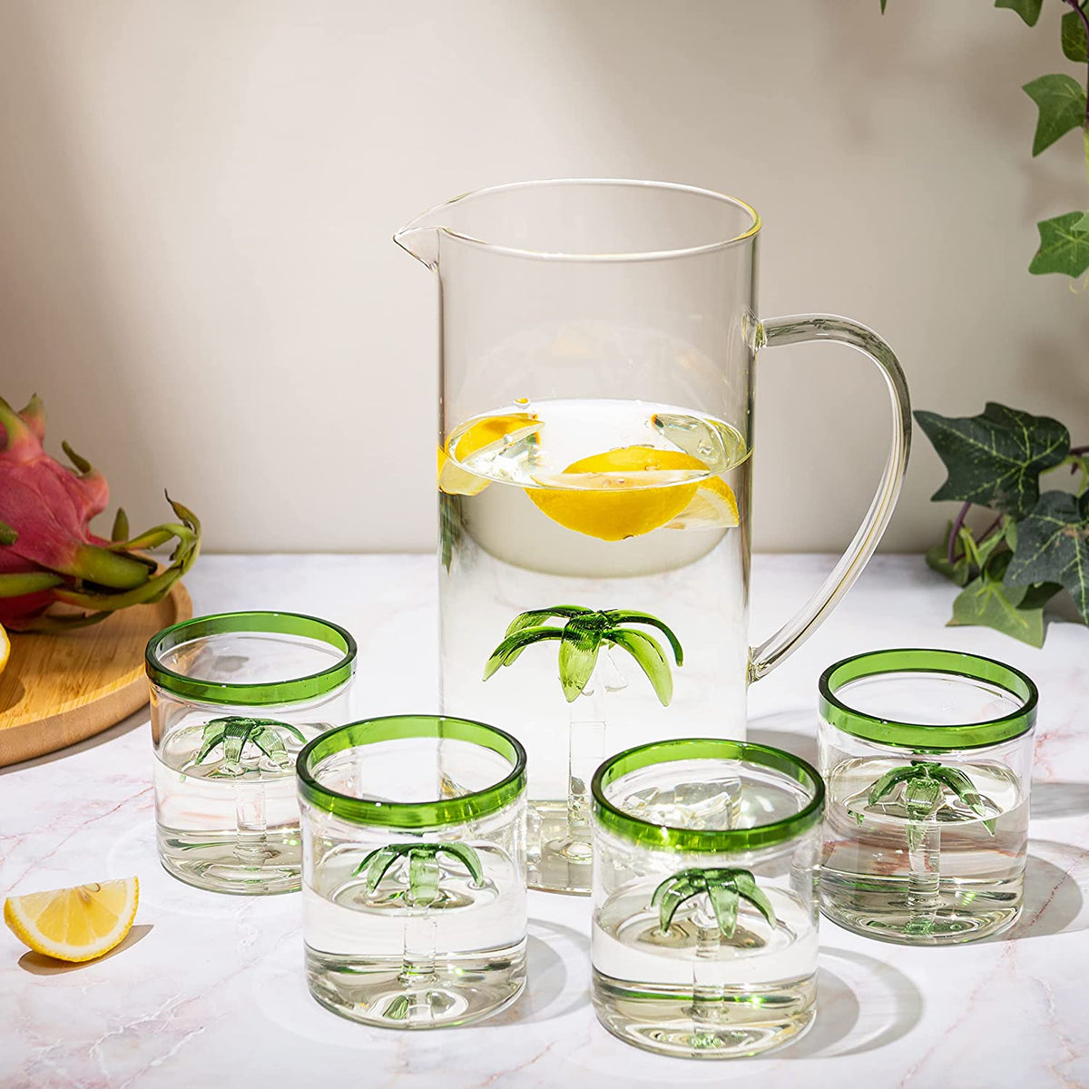 Palm Tree Pitcher with 4 Green-Rim Glasses
