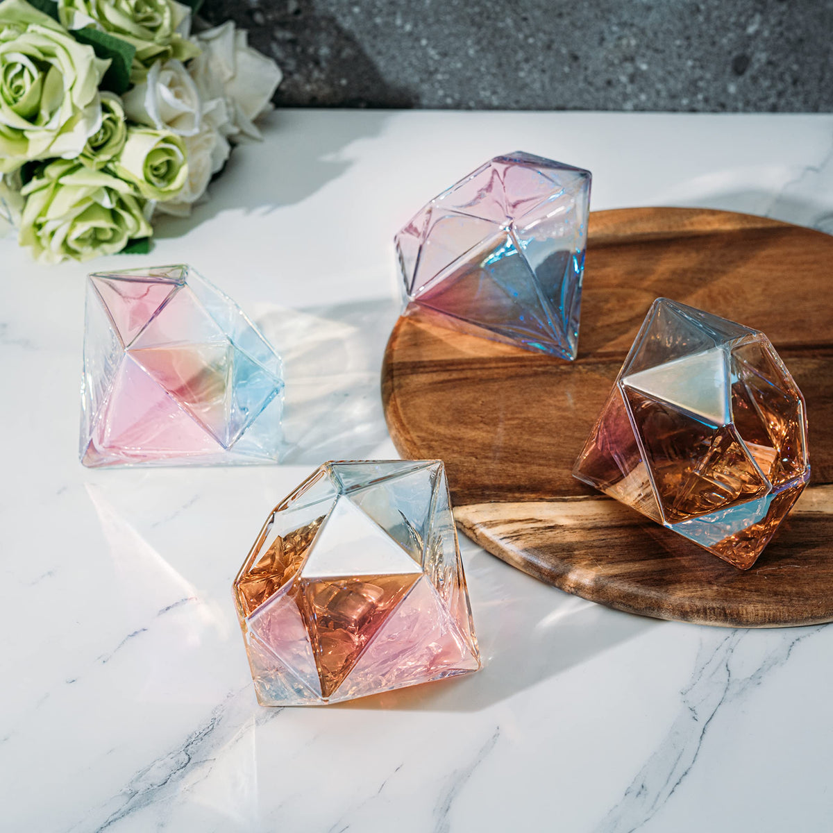 Iridescent Diamond Whiskey Glasses, 10 oz, Set of 4
