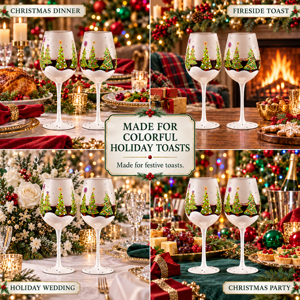 Christmas Tree Stemmed Wine Glasses, 14 oz, Set of 2