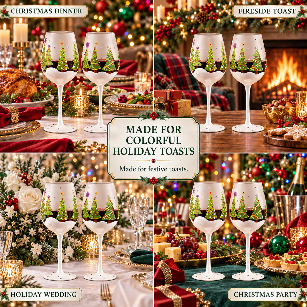 Christmas Tree Stemmed Wine Glasses, 14 oz, Set of 2