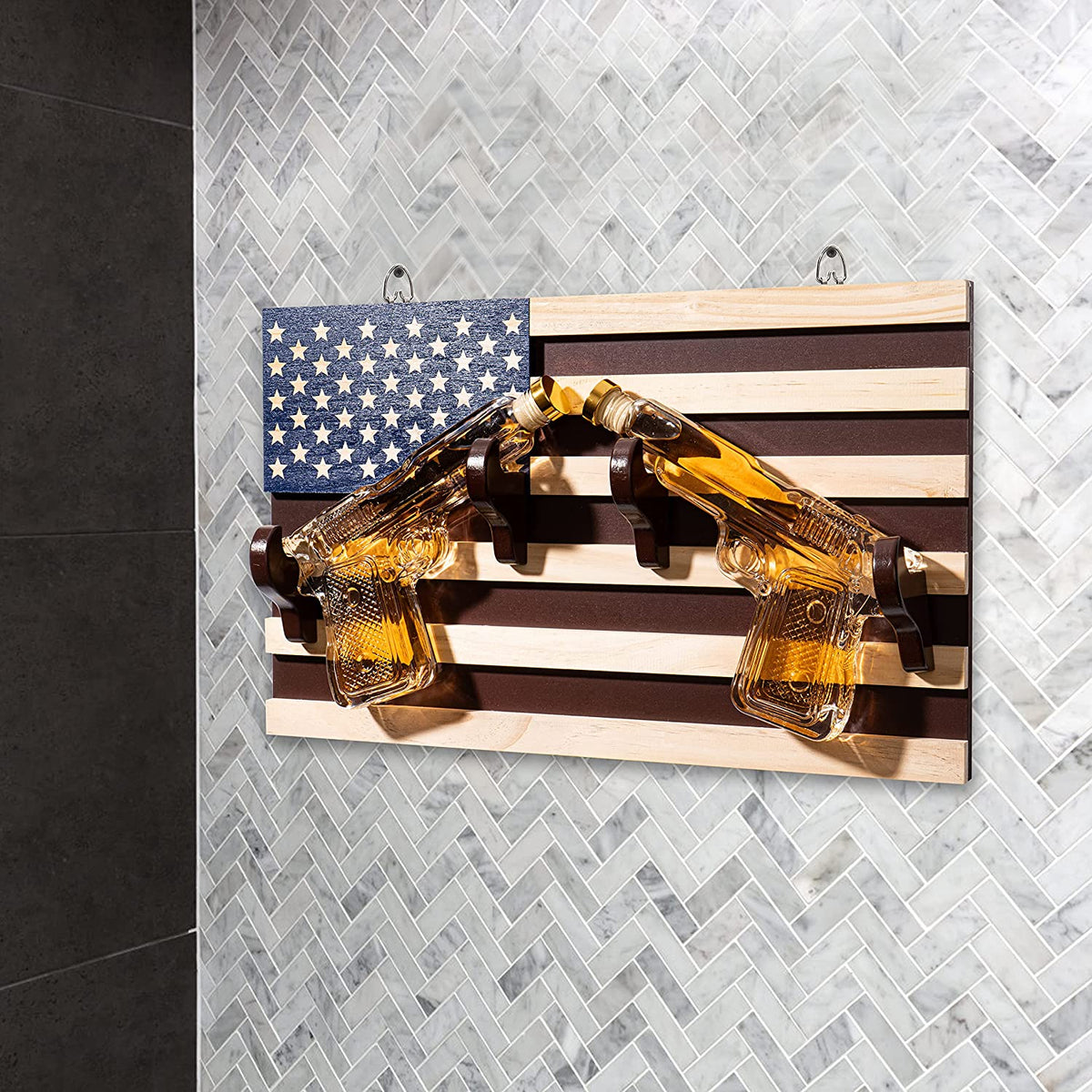 Pistol Whiskey Decanter Set of 2 with Flag Wall Rack