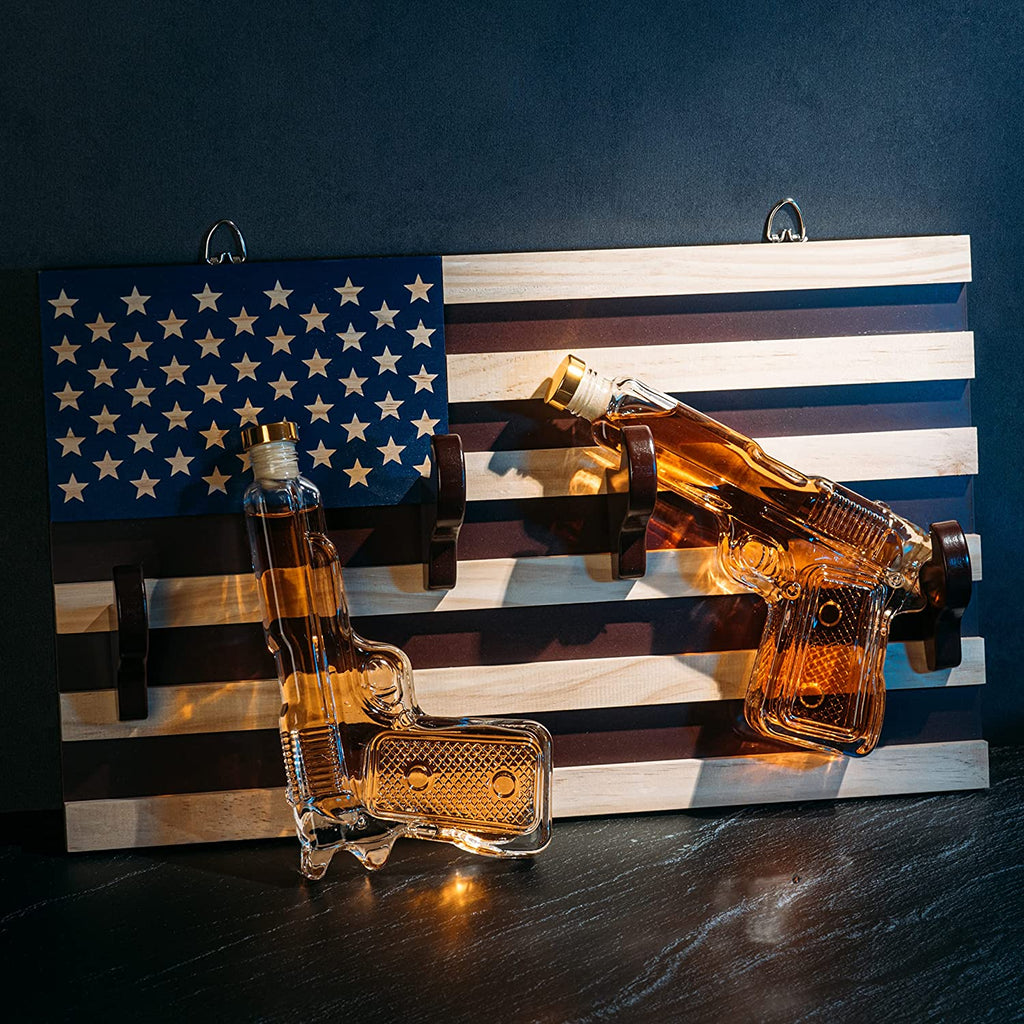 Pistol Whiskey Decanter Set of 2 with Flag Wall Rack