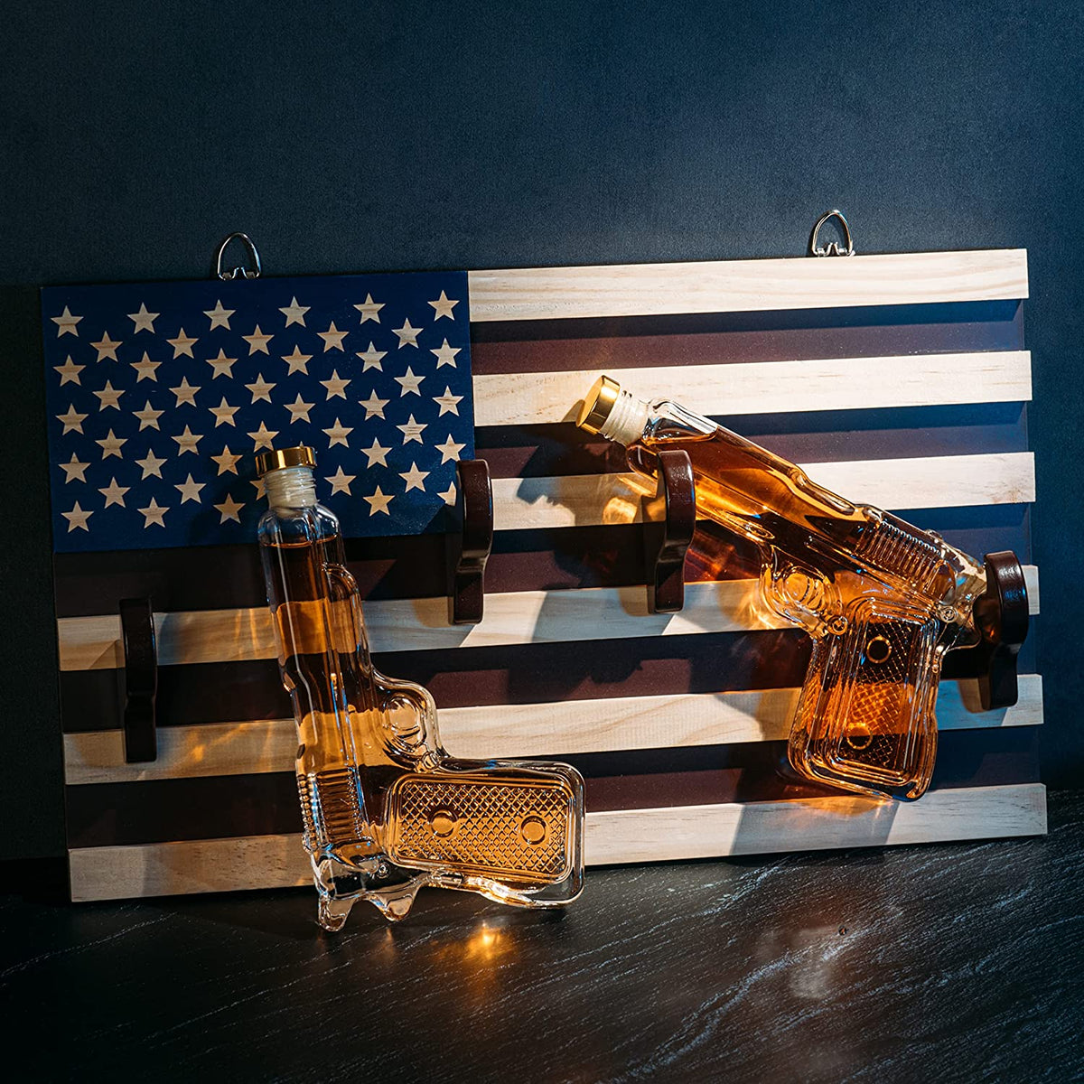 Pistol Whiskey Decanter Set of 2 with Flag Wall Rack