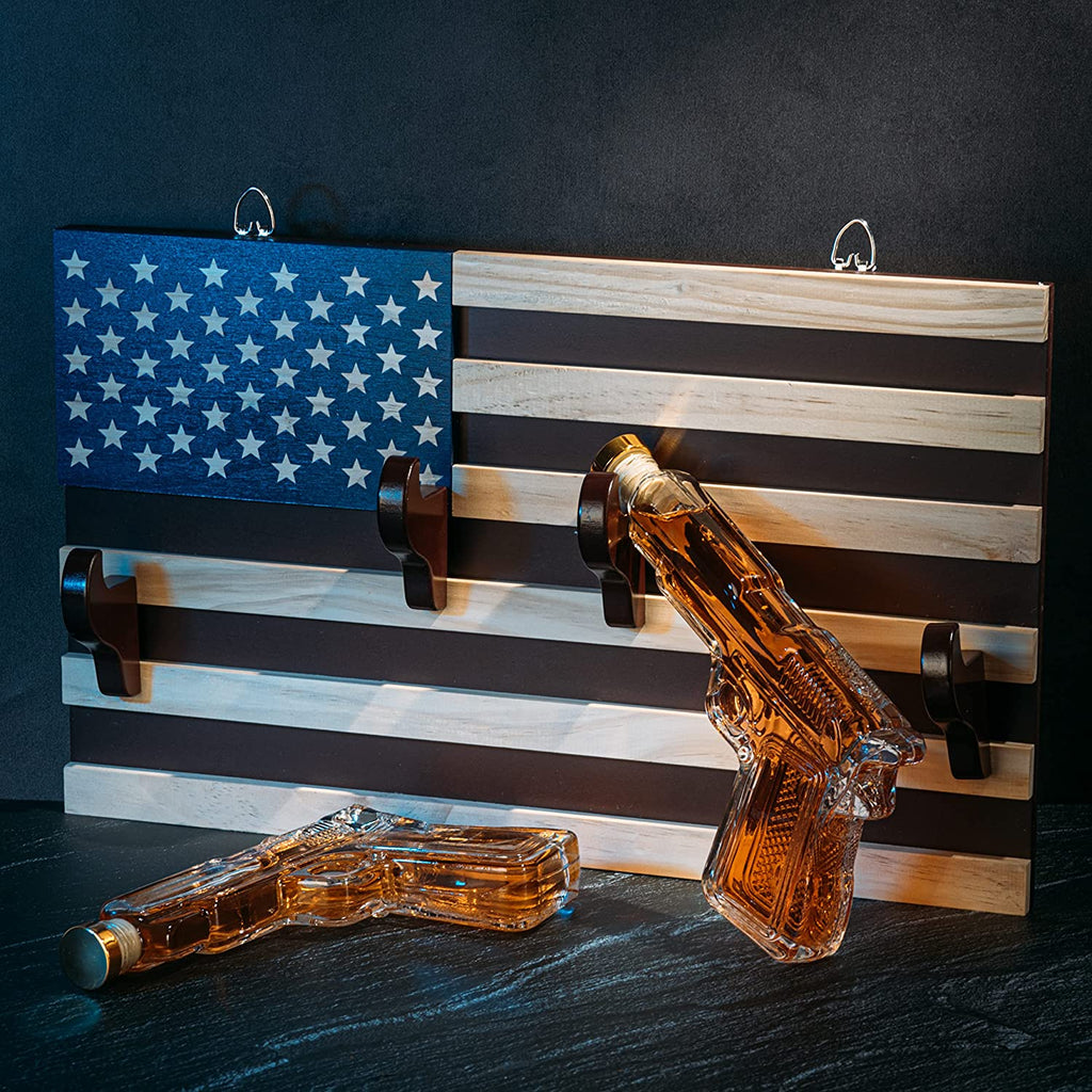 Pistol Whiskey Decanter Set of 2 with Flag Wall Rack