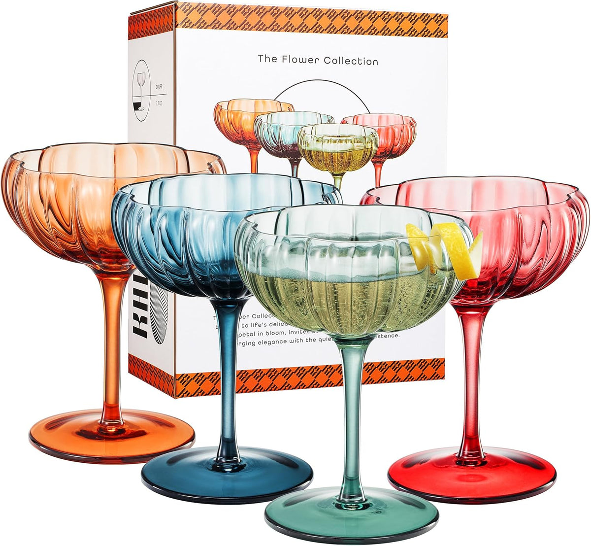 Tonal Flower Champagne Coupes, Set of 4
