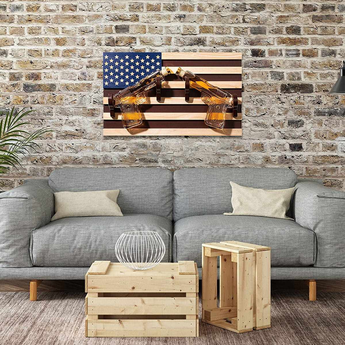 Pistol Whiskey Decanter Set of 2 with Flag Wall Rack