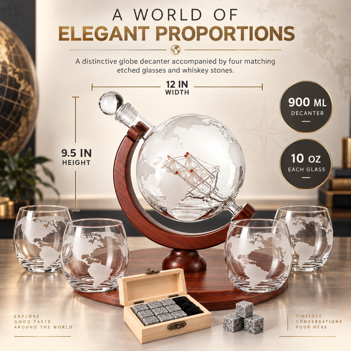 World Decanter with 4 Glasses