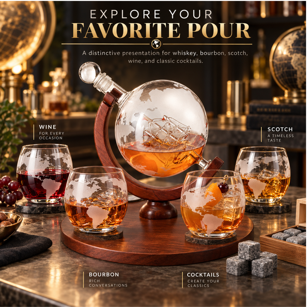 World Decanter with 4 Glasses