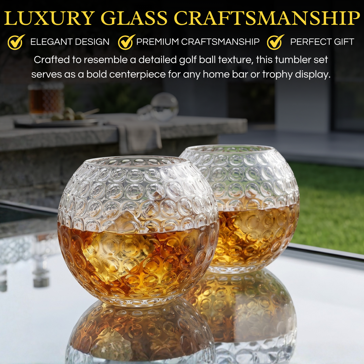 Golf Ball Whiskey Glasses, 15 oz, Set of 2