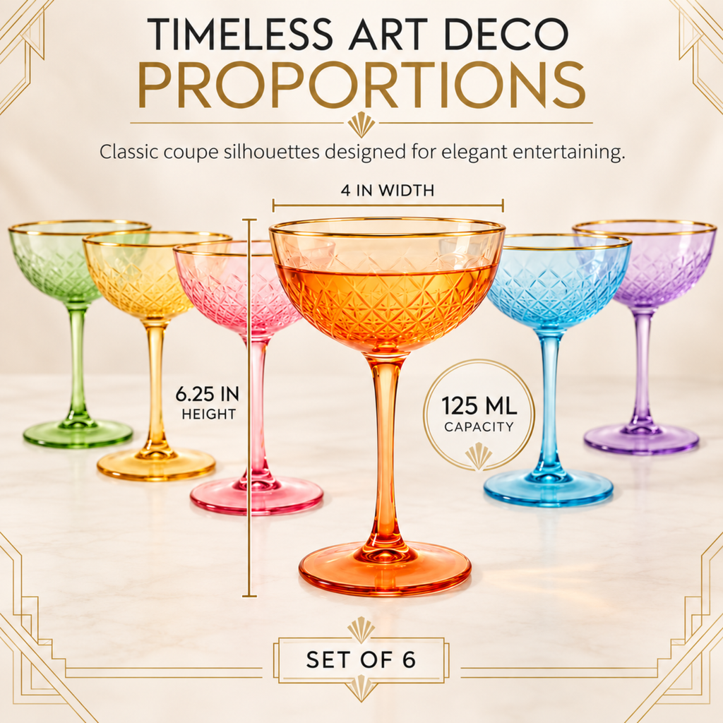 Colored Art Deco Coupe Glasses, 12 oz, Set of 6