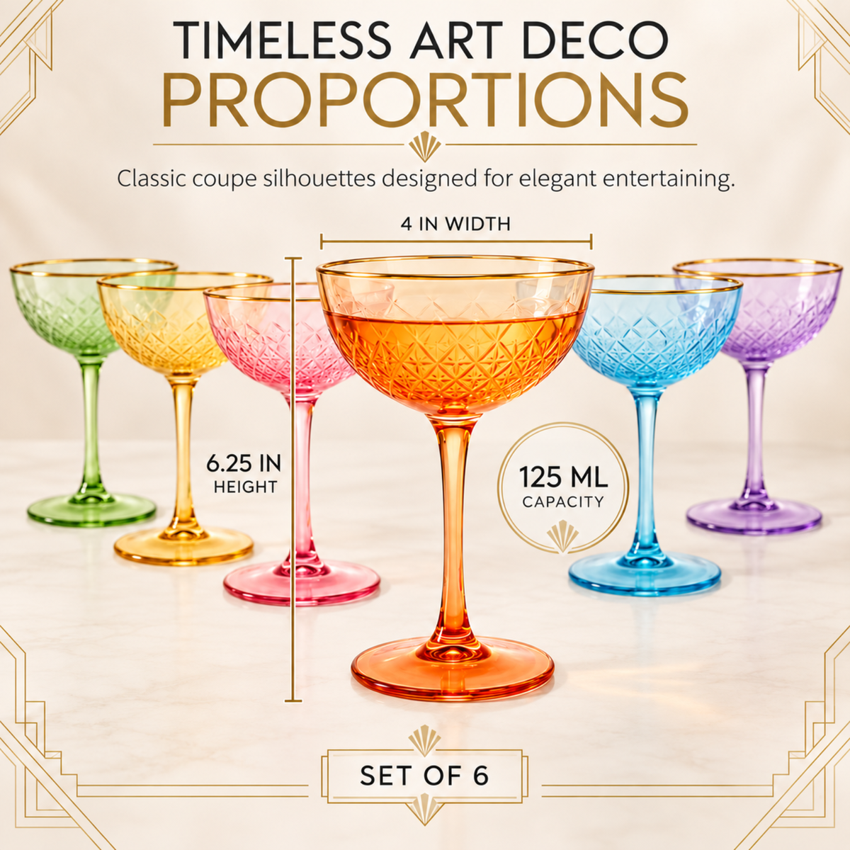 Colored Art Deco Coupe Glasses, 12 oz, Set of 6