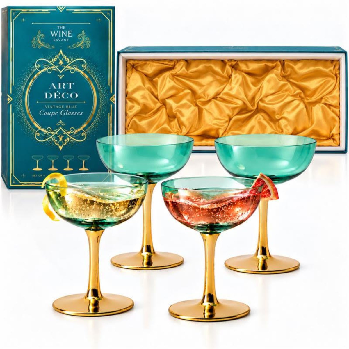Gold Art Deco Coupe Glasses, 12 oz, Set of 4