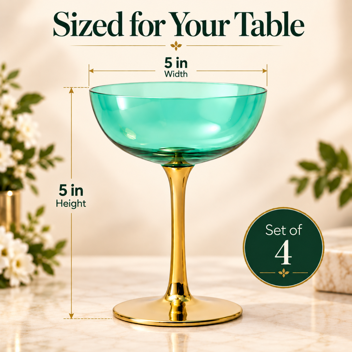 Gold Art Deco Coupe Glasses, 12 oz, Set of 4
