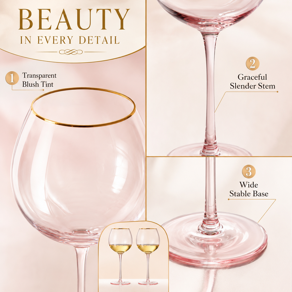 Blush Pink Gilded-Rim Wine Glasses, 23 oz, Set of 2