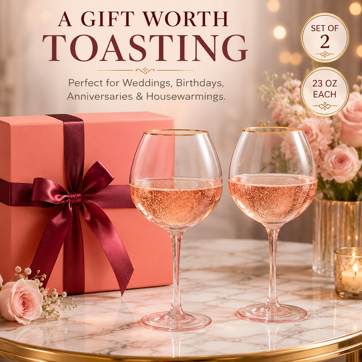Blush Pink Gilded-Rim Wine Glasses, 23 oz, Set of 2