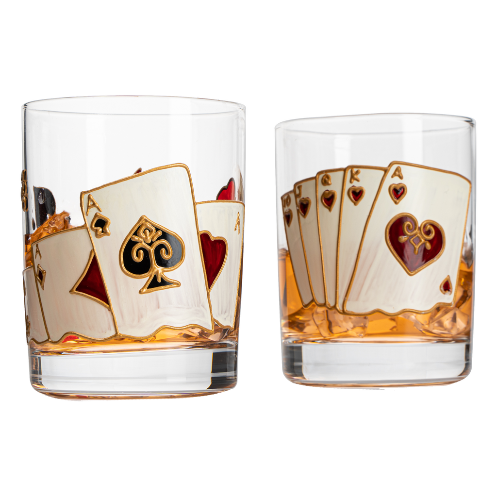 Hand-Painted Casino Whiskey Glasses, Set of 2