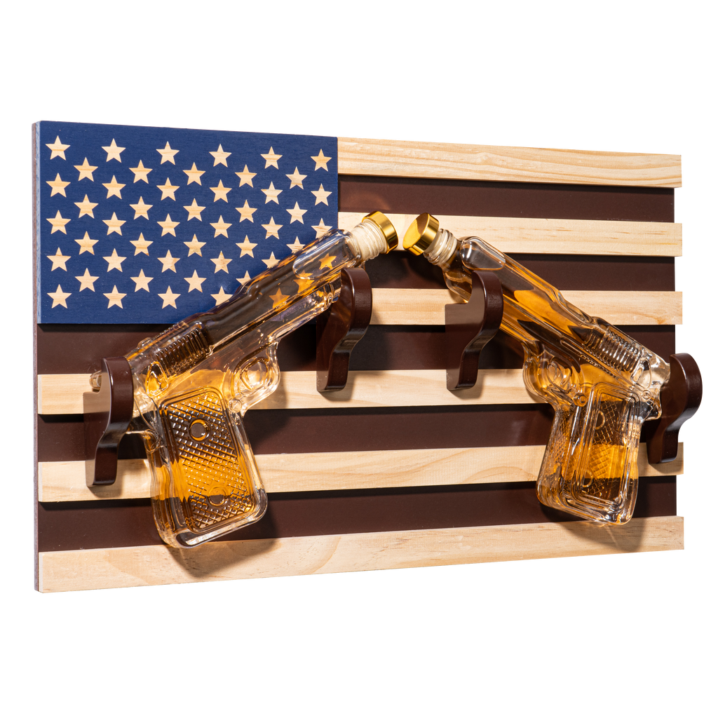 Pistol Whiskey Decanter Set of 2 with Flag Wall Rack