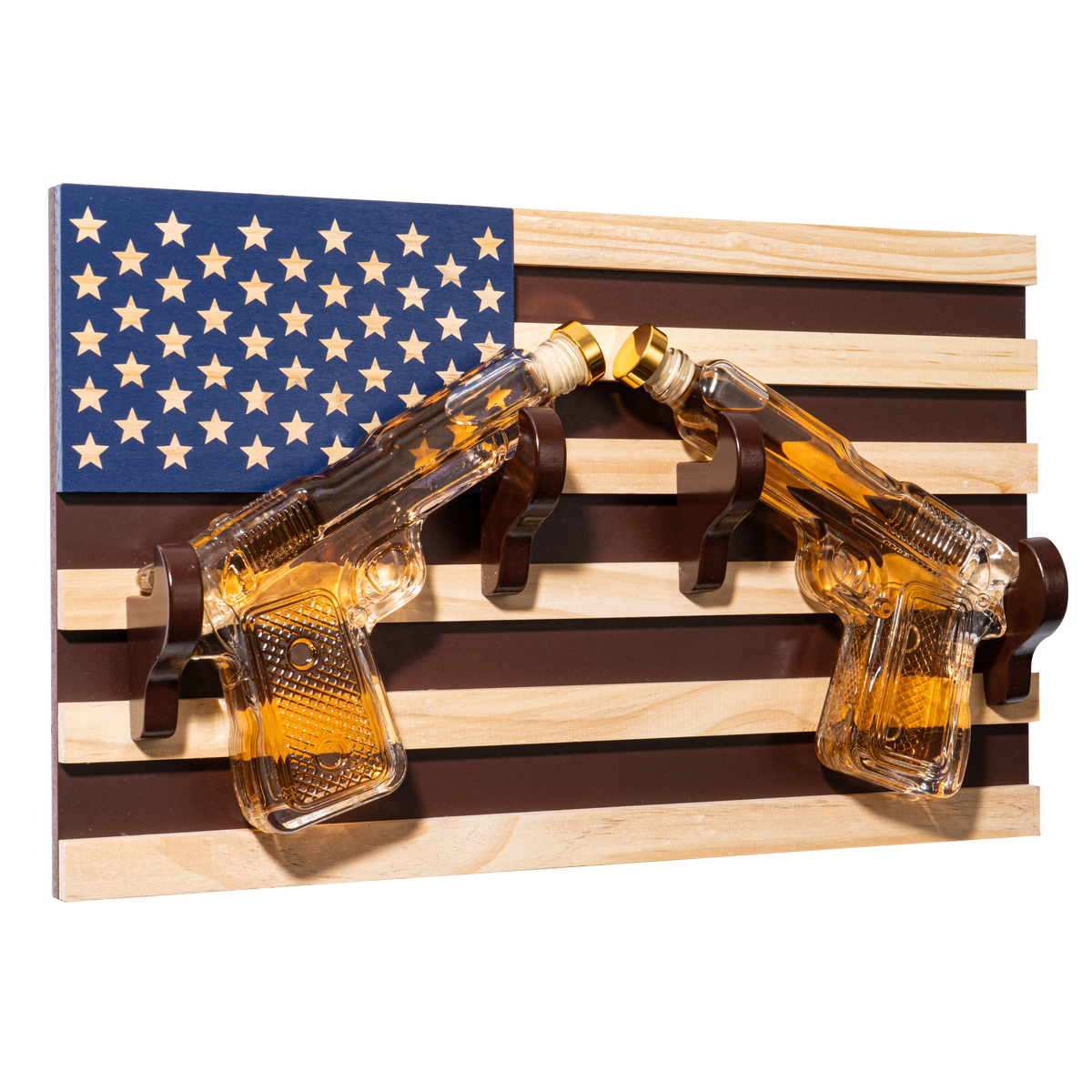Pistol Whiskey Decanter Set of 2 with Flag Wall Rack