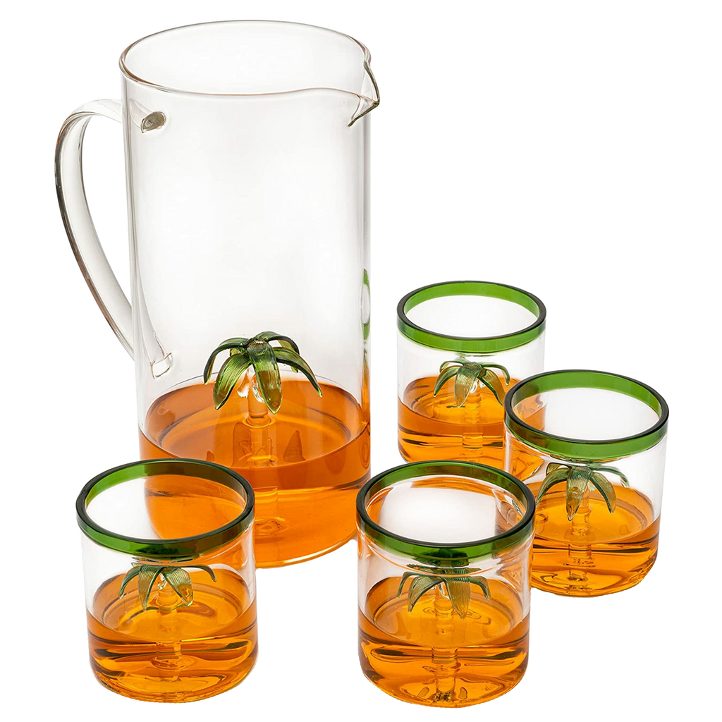 Palm Tree Pitcher with 4 Green-Rim Glasses