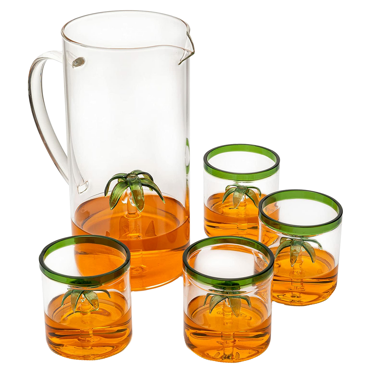 Palm Tree Pitcher with 4 Green-Rim Glasses
