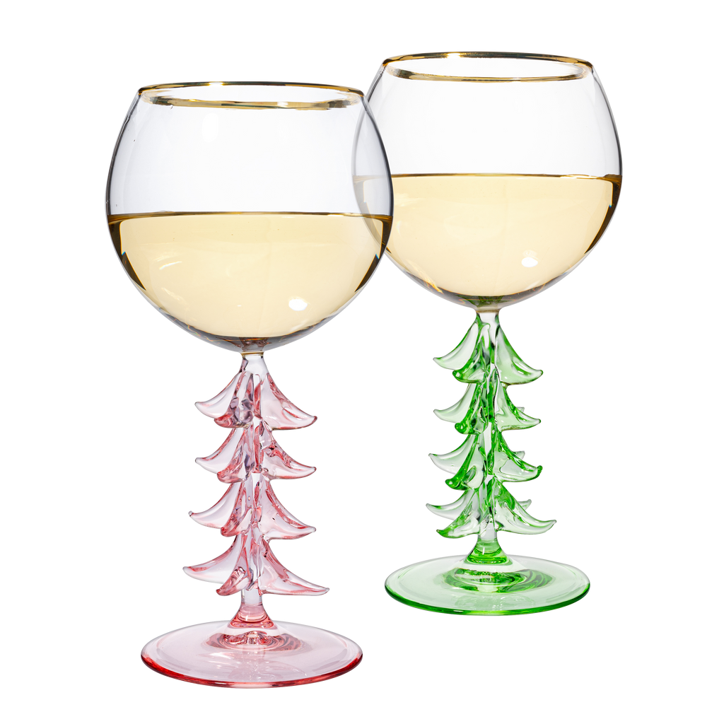 Christmas Tree Crystal Wine Glass, Gold Rim, 12 oz