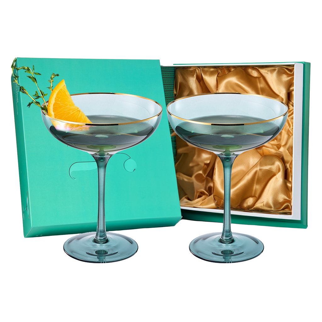 Green Gilded-Rim Wine Glasses, 9 oz, Set of 2