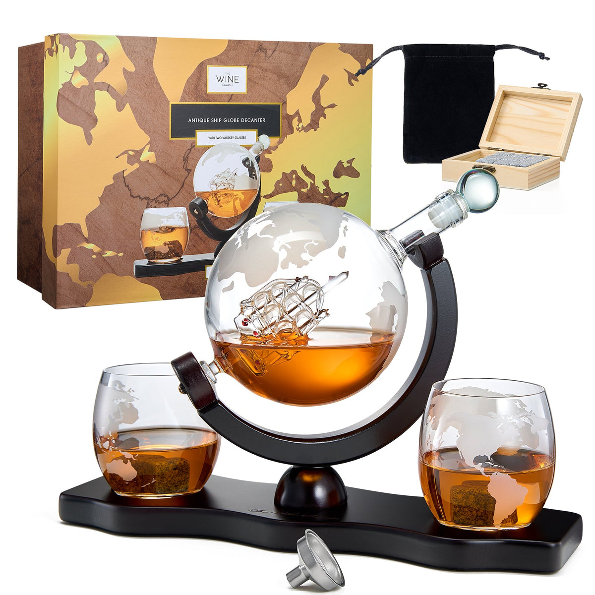 Globe Whiskey Decanter with 2 Etched Glasses