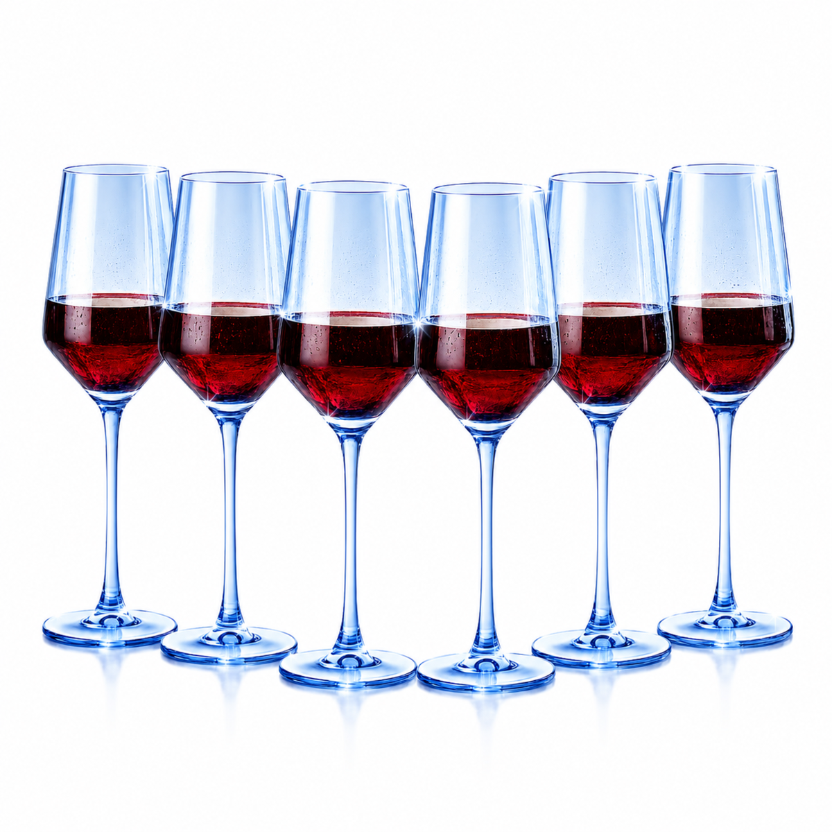 Blue Hand-Blown Wine Glasses, Set of 6