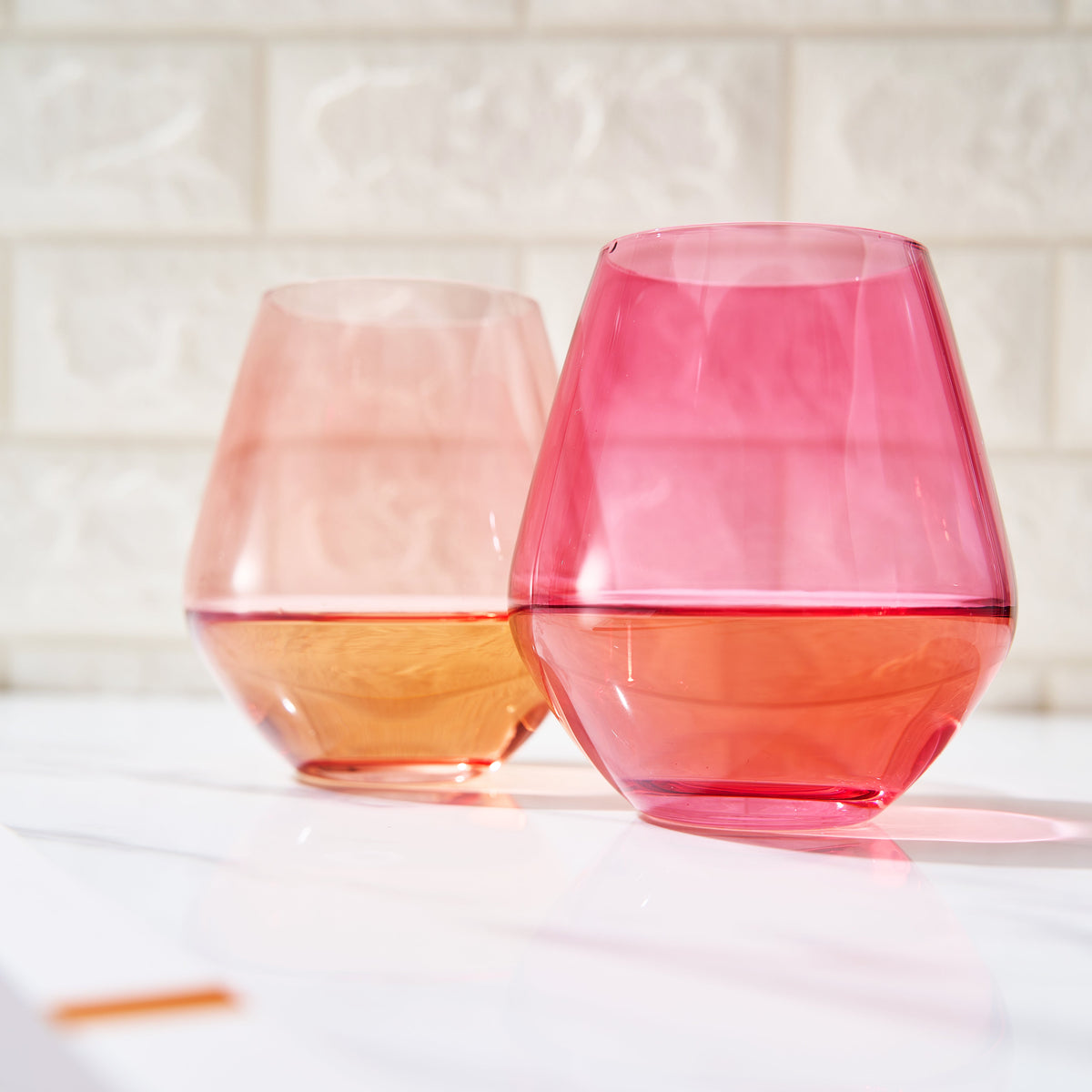 Coral and Fuchsia Stemless Wine Glasses, 16 oz, Set of 2