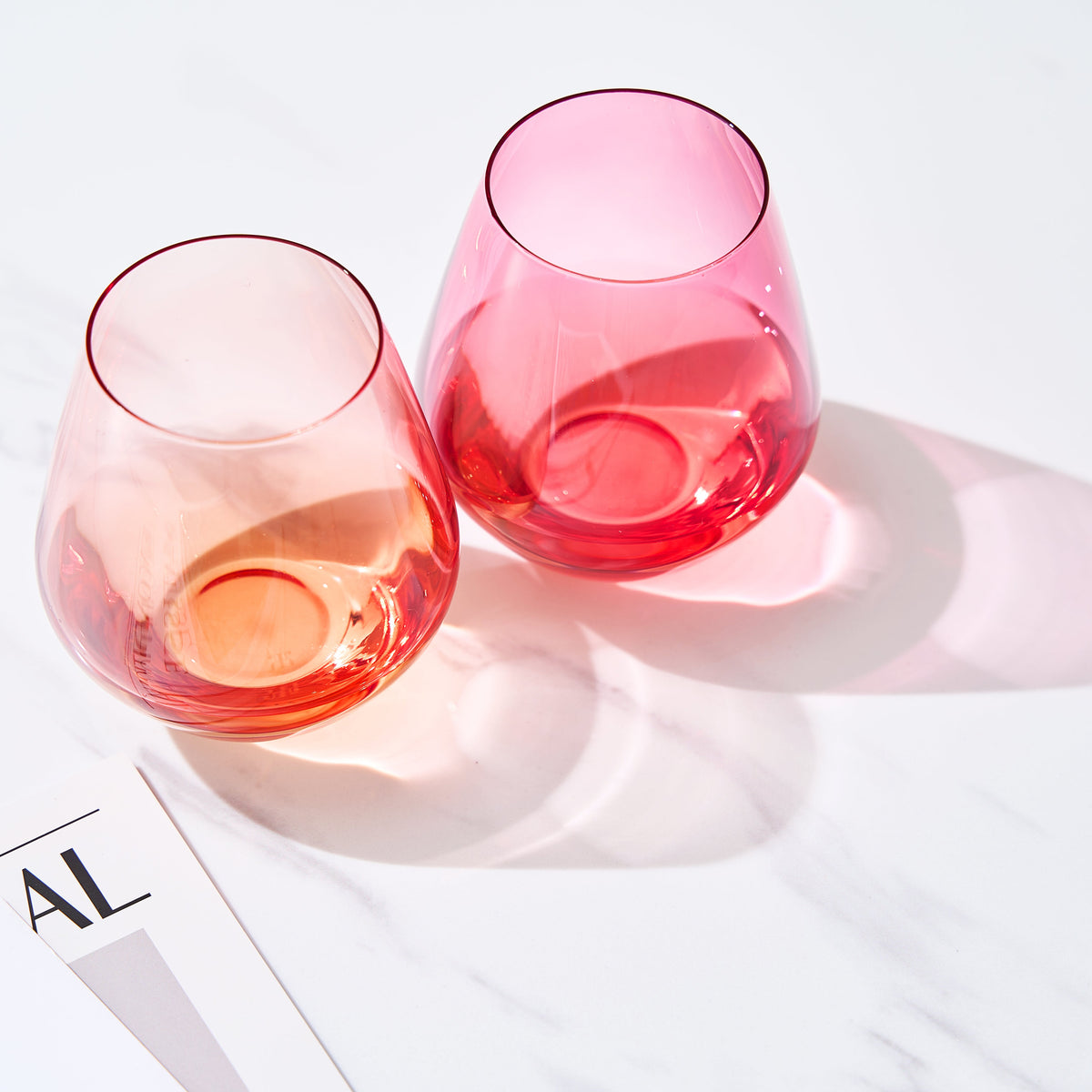 Coral and Fuchsia Stemless Wine Glasses, 16 oz, Set of 2
